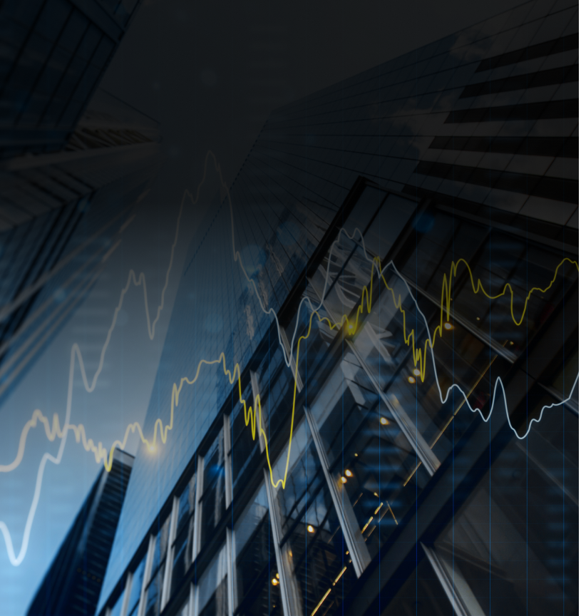 City buildings and fluctuating chart lines