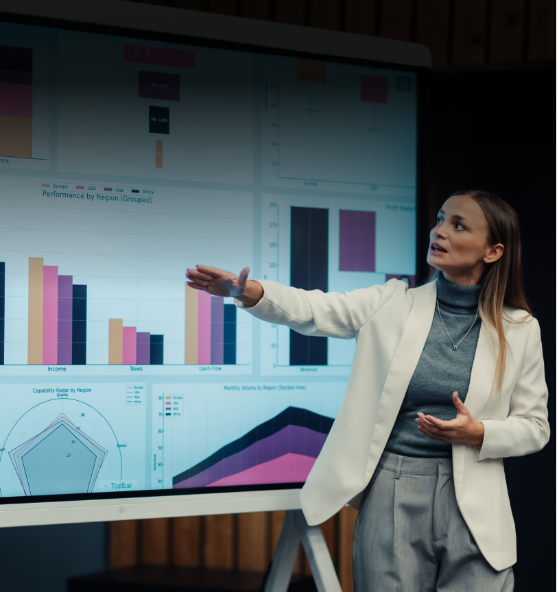 Businesswoman explaining charts and graphs